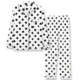 2Pcs Polka Printed Pajama Set - Solid Color Round Collar Neck Long Sleeves With Trouser Sleepwear For Women Nightwear - White Black