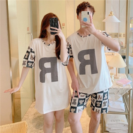 3Pcs R Printed Couple Pajama Set - Cartoon Print Solid Color Round Neck Half Sleeves Shirt Trouser Sleepwear for Men And Women Nightwear - White Black