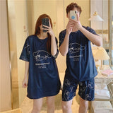 3Pcs Couple Cartoon Printed Pajama Set - Solid Dark Blue Color Round Neck Half Sleeves Short Trouser Sleepwear for Men And Women Nightwear - Dark Blue