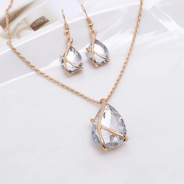 Transparent Gemstone Set: Water Drop Necklace and Cross Earrings - Shop N Save