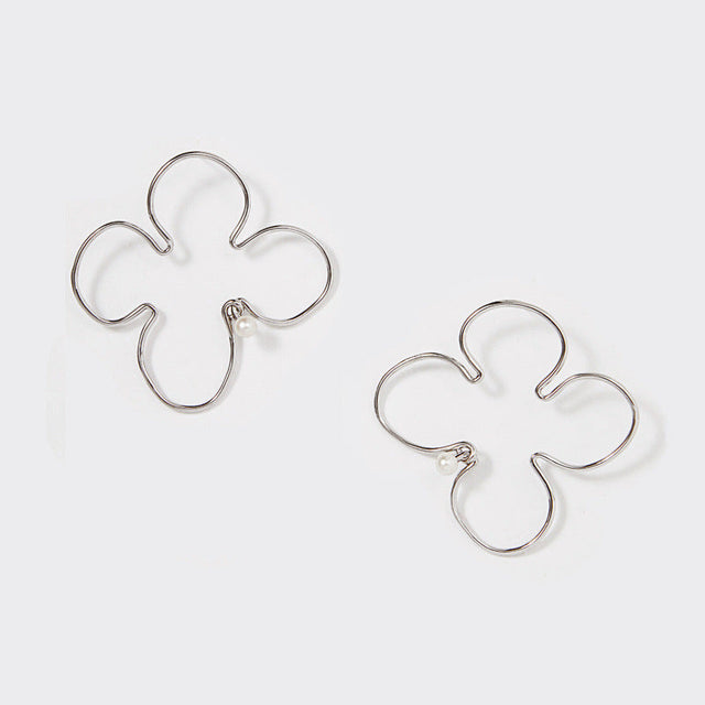 Yuan Bingyan Style Earrings - Hollow Flower, Pearl Inlay, Silver - Shop N Save