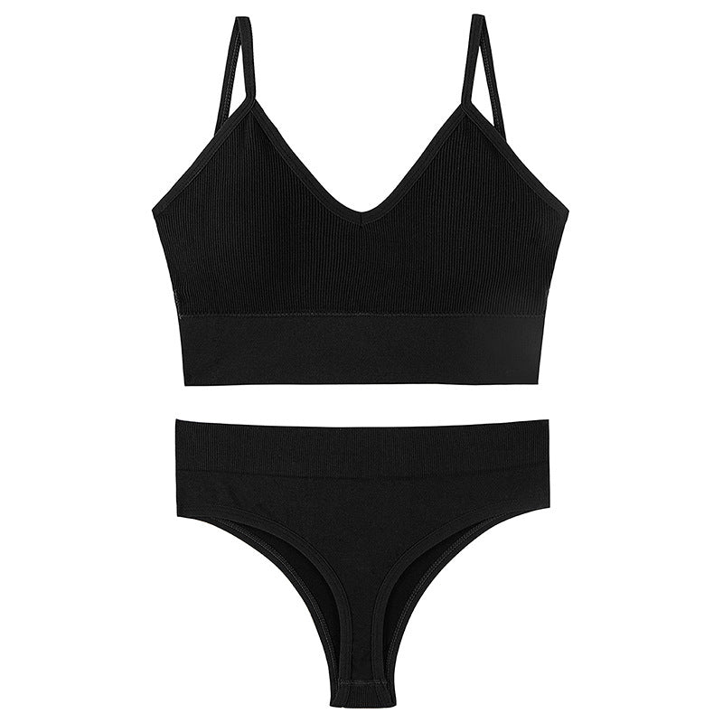 Seamless Bra Set Low Waist Panties Wire Free Bra Bralette Lingerie Brassiere Cotton - Black
