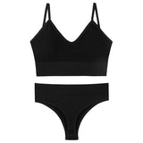 Seamless Bra Set Low Waist Panties Wire Free Bra Bralette Lingerie Brassiere Cotton - Black