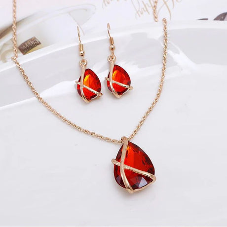 Red Gemstone Set: Water Drop Necklace and Cross Earrings - Shop N Save