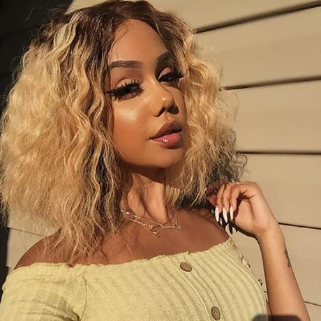 Wig for women with gradient color, medium and long, small curly hair, chemical fiber headgear, European and American short curly hair