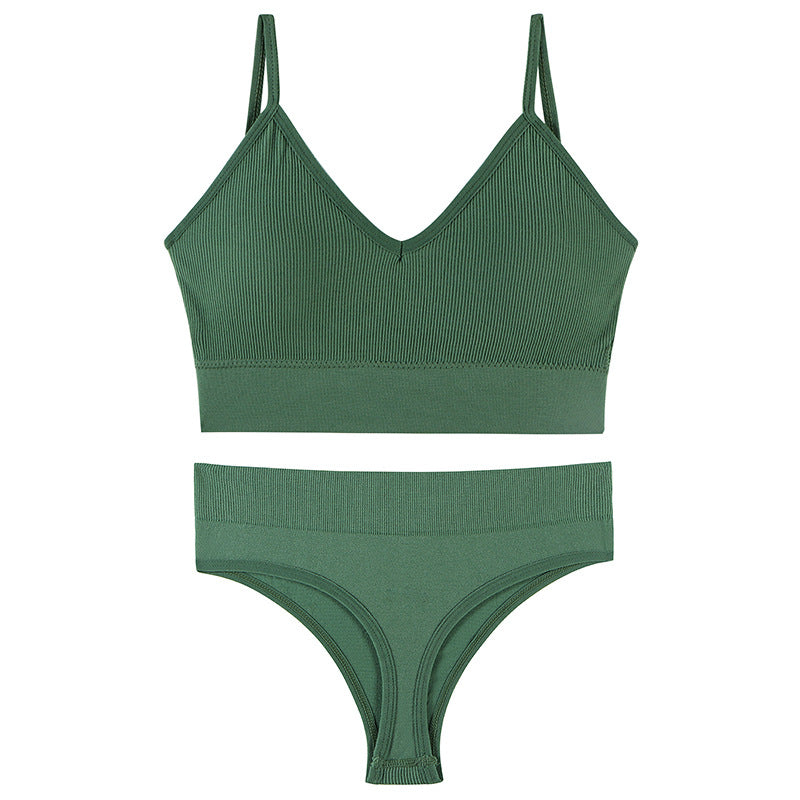 Seamless Bra Set Low Waist Panties Wire Free Bra Bralette Lingerie Brassiere Cotton - Green
