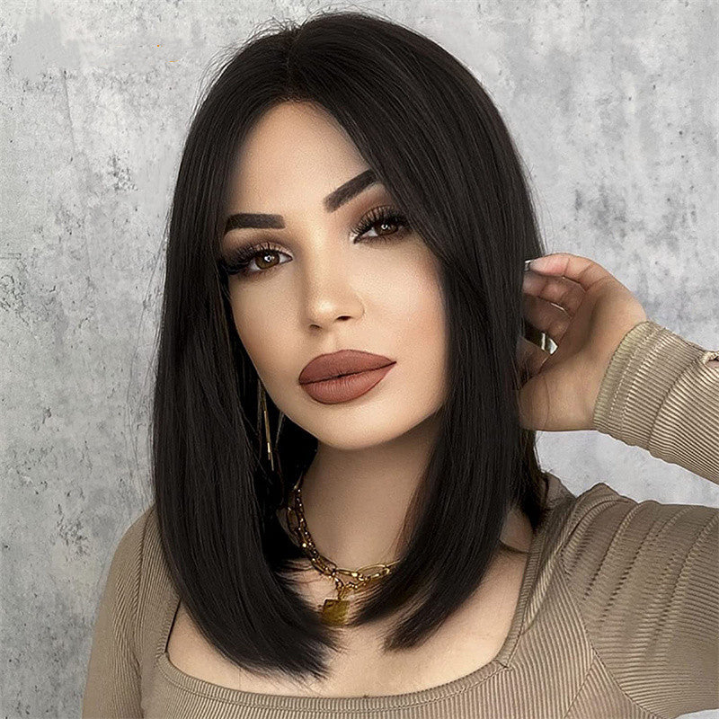 women's short straight matte silk wig slightly curly chemical fiber rose mesh full headgear