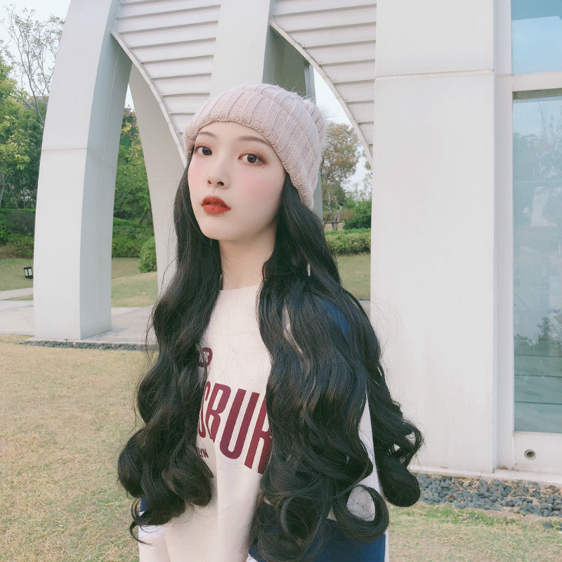 Cross-border foreign trade hat and wig in one natural fashion fluffy long curly hair Korean style hairstyle wig female long hair