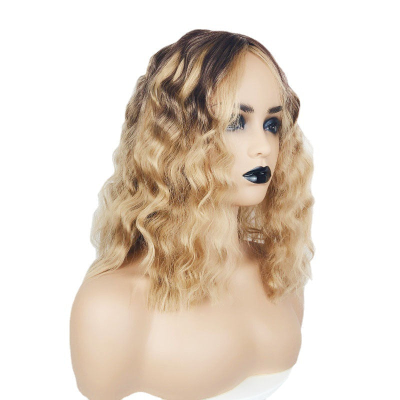 Wig for women with gradient color, medium and long, small curly hair, chemical fiber headgear, European and American short curly hair