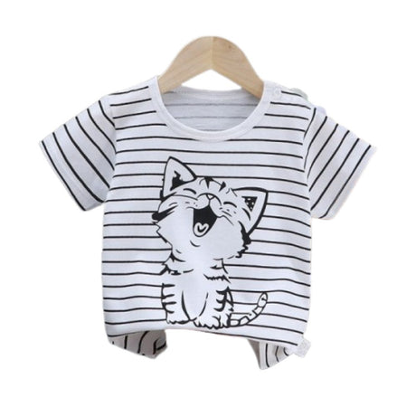3-6 Months Infant Baby Boy T-Shirt - Newborn Baby Girls Cartoon Print Short Sleeves Round Neck T-Shirt For Kids - Black And White - Shop N Save