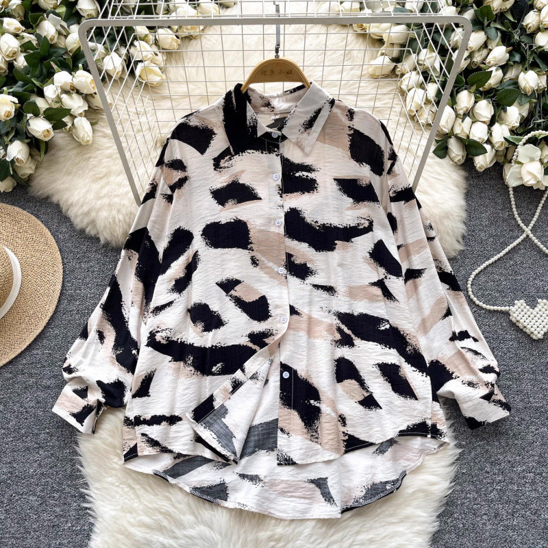 Retro French-style Printed Womens Autumn Loose Slimming Top