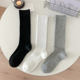 Classic Solid Color Ribbed Crew Socks, Casual Knit Socks For Women, Simple Casual Footwear For Daily Use