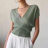 V-neck Knitted Short-sleeve High-waisted Loose T-shirt Knitted Top
