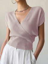V-neck Knitted Short-sleeve High-waisted Loose T-shirt Knitted Top