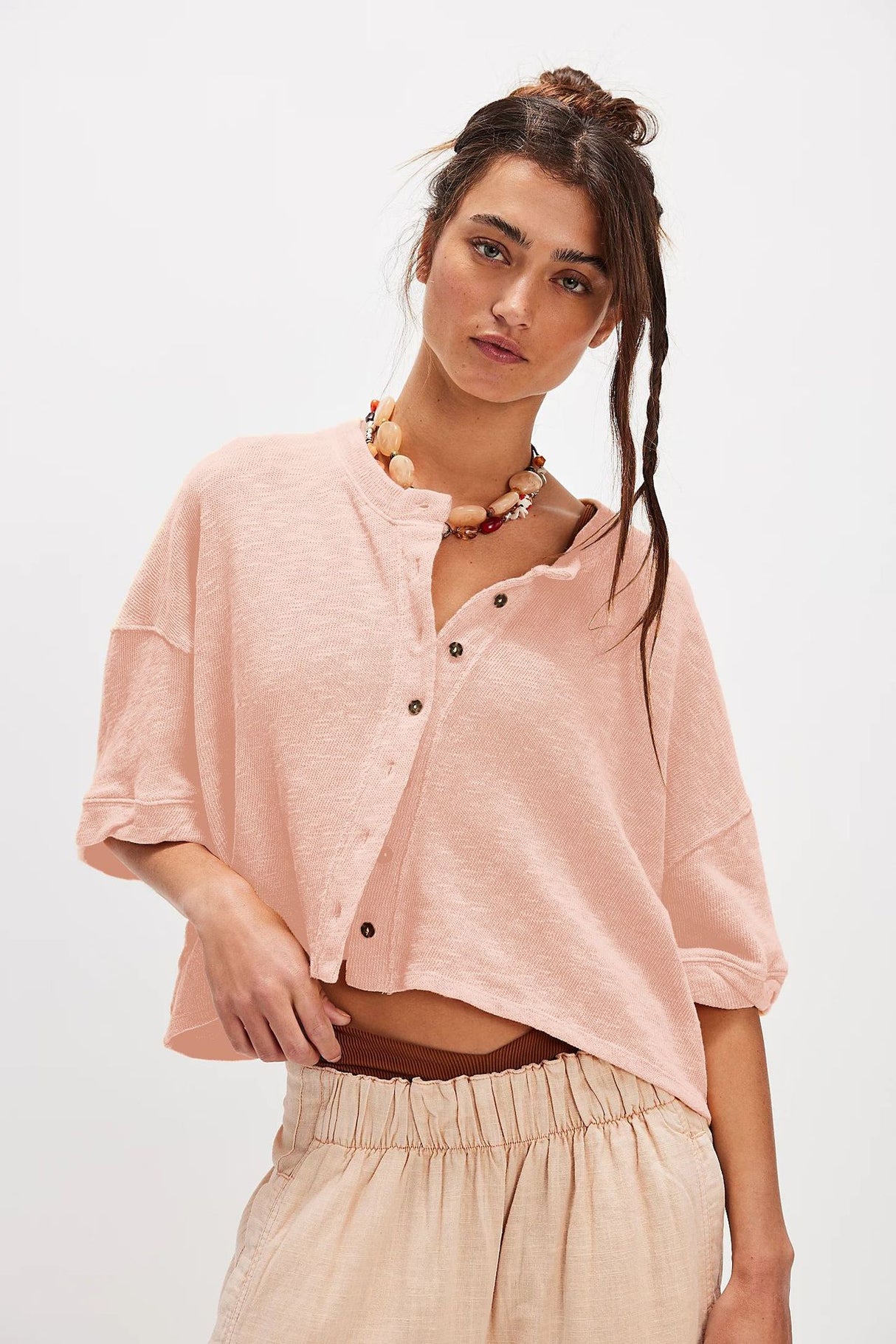 Linen Cardigan Button-up Top Three-quarter Sleeves Solid Color Womens Clothing