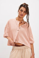 Linen Cardigan Button-up Top Three-quarter Sleeves Solid Color Womens Clothing