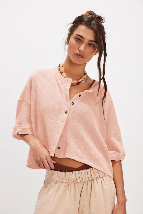 Linen Cardigan Button-up Top Three-quarter Sleeves Solid Color Womens Clothing