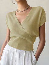 V-neck Knitted Short-sleeve High-waisted Loose T-shirt Knitted Top