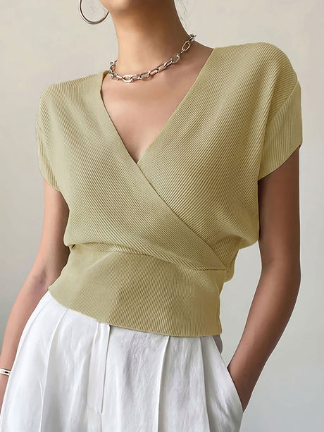 V-neck Knitted Short-sleeve High-waisted Loose T-shirt Knitted Top