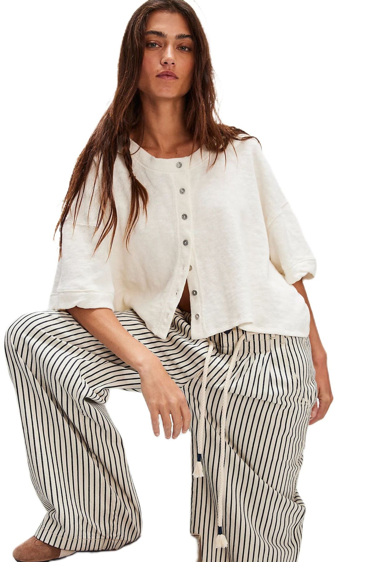 Linen Cardigan Button-up Top Three-quarter Sleeves Solid Color Womens Clothing
