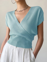 V-neck Knitted Short-sleeve High-waisted Loose T-shirt Knitted Top