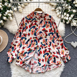 Retro French-style Printed Womens Autumn Loose Slimming Top