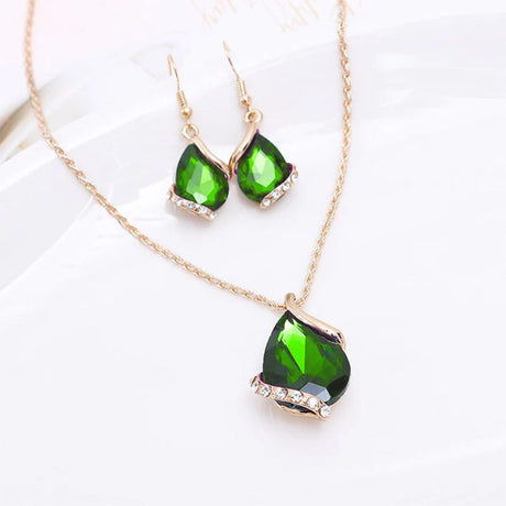 Green Polygon Diamond Set: Elegant Crystal Glass Necklace &amp; Earrings - Shop N Save