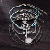 Retro Map Heart Bracelet Set - Multilayer Silver Fashion Jewelry - Shop N Save