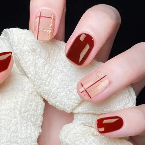 Wine Red Grid Press-On Nails - French Squoval False Nail Tips - Shop N Save
